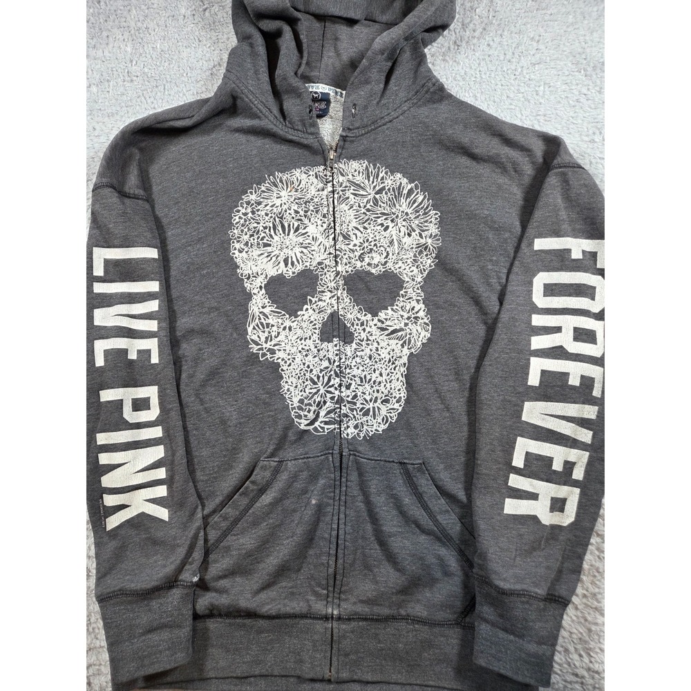PINK Victoria's Secret Hoodie Medium Gray Women Floral Skull Zip Up Y2K Grunge - Picture 4 of 10